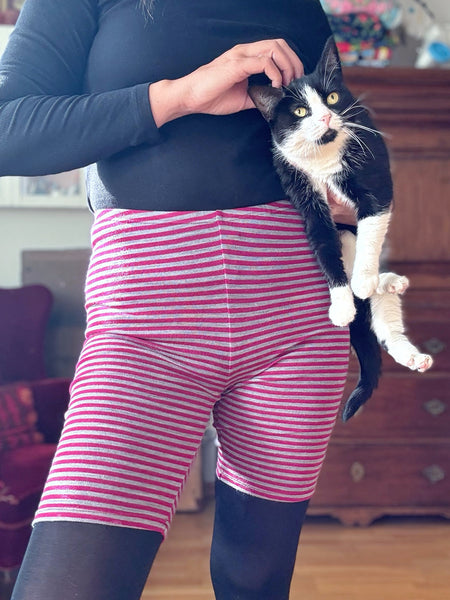 Mamelucker i randig merinoull, cerise & grå