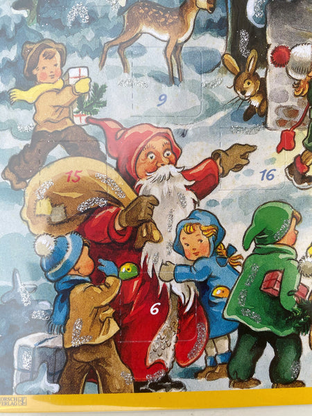 Julkalender med Retro motiv & glitter. Stuga i skogen