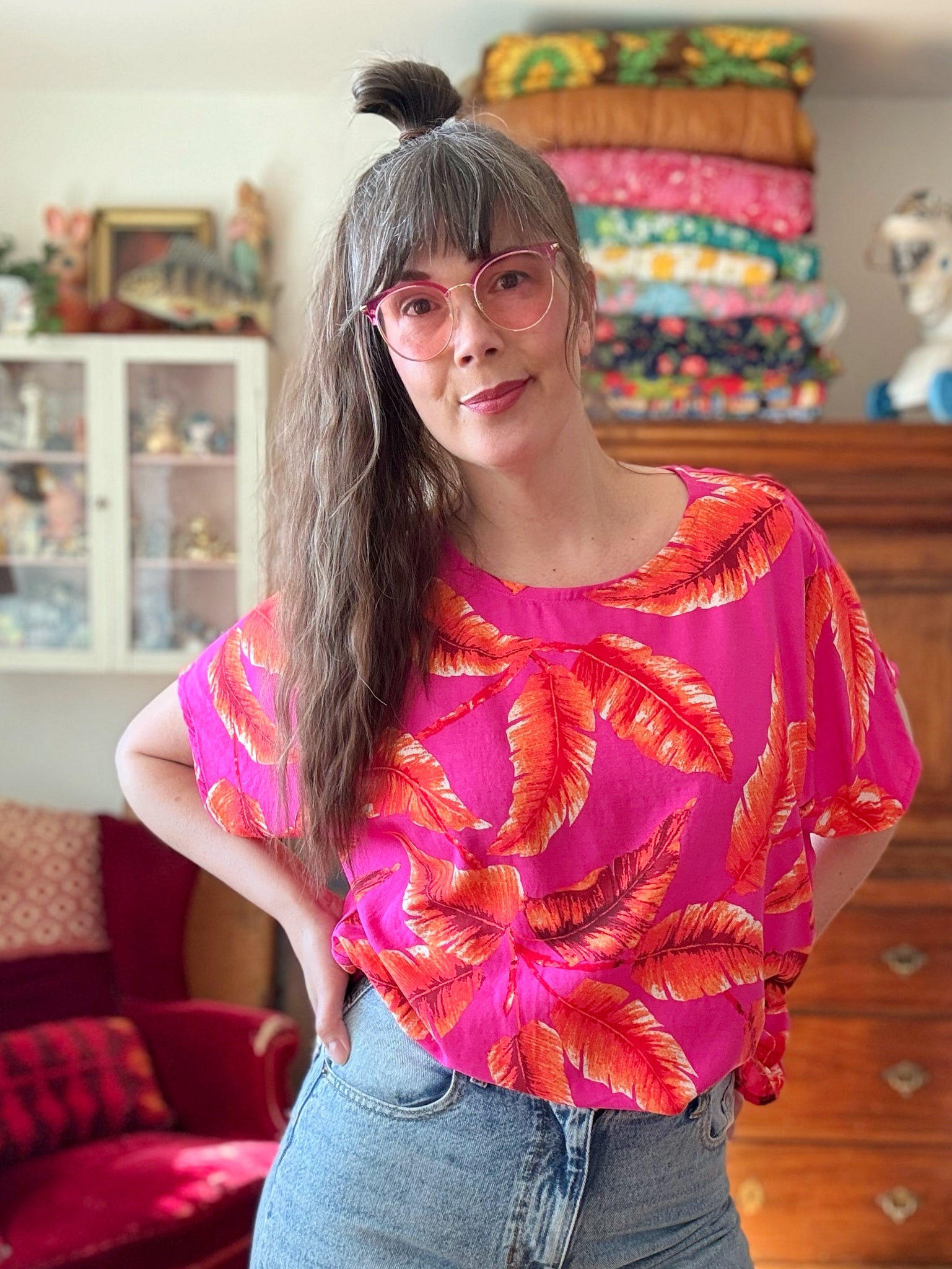 Boxig blus i cerise & orange