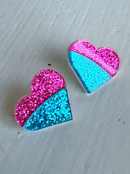 Örhängen, små cerisa & blå  hjärtan