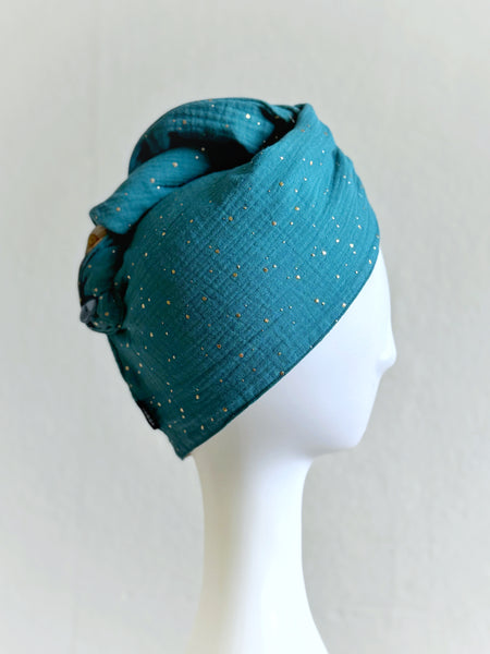 Turban i petrol med guldprickar