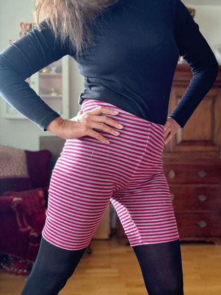 Mamelucker i randig merinoull, cerise & grå