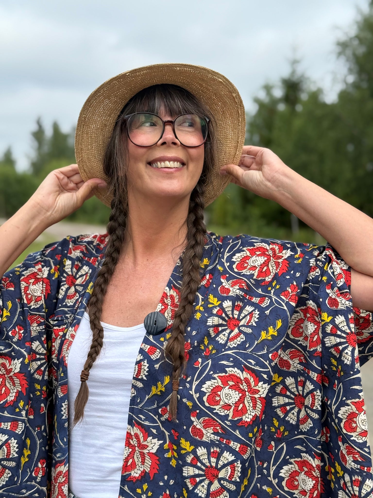 Sjok / kaftan i tunn bomull i blått & rött