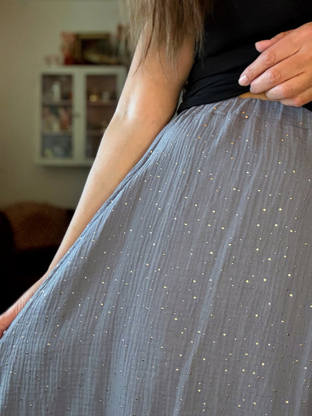 Kjol med resår i midjan & fickor, grå med glitter