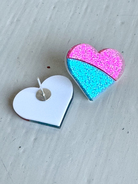 Örhängen, små cerisa & blå  hjärtan