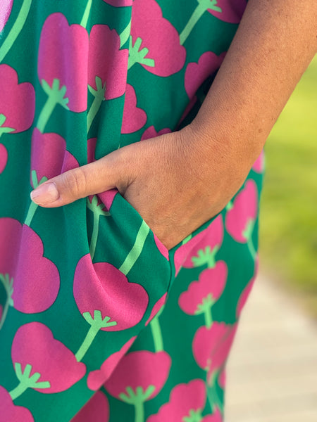 Sjok / kaftan grön med rosa blommor