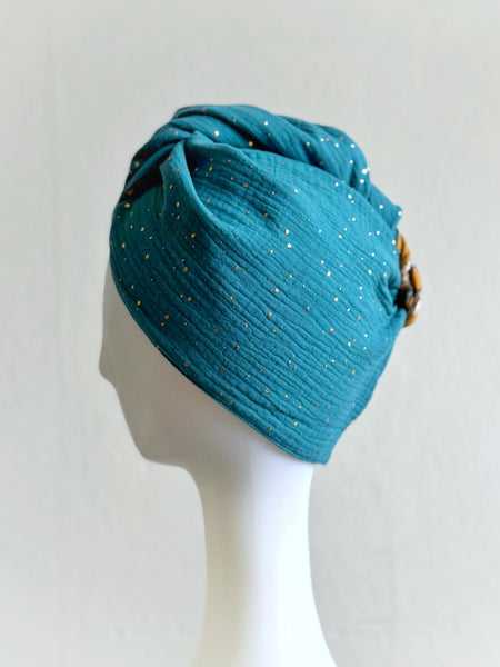 Turban i petrol med guldprickar