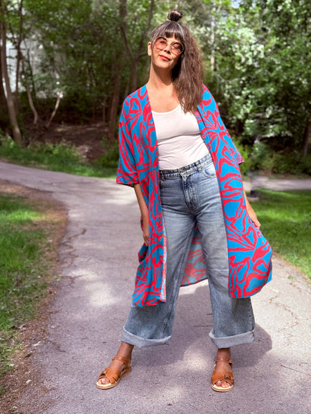 Sjok / kaftan med knappar hela vägen i turkost & cerise