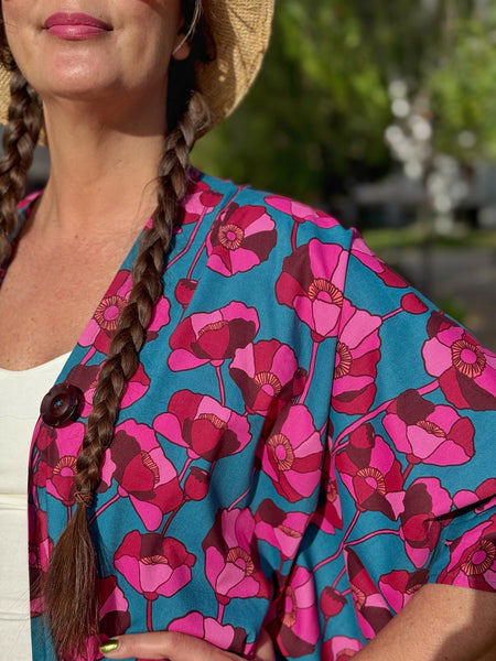 Sjok / kaftan, petrol med vallmo