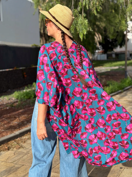Sjok / kaftan, petrol med vallmo