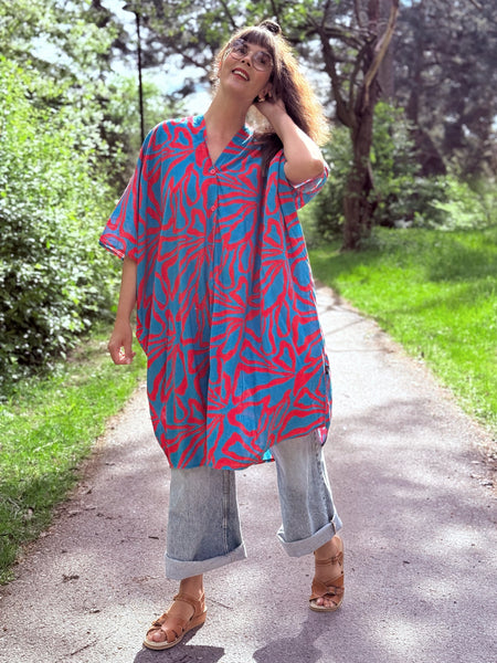 Sjok / kaftan med knappar hela vägen i turkost & cerise