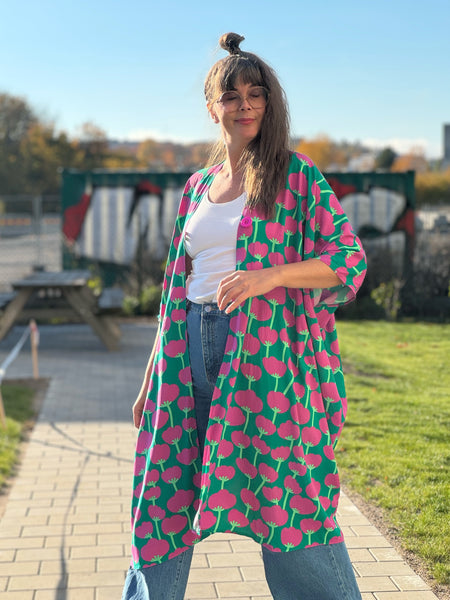 Sjok / kaftan grön med rosa blommor