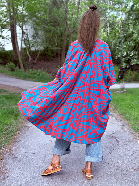 Sjok / kaftan med knappar hela vägen i turkost & cerise