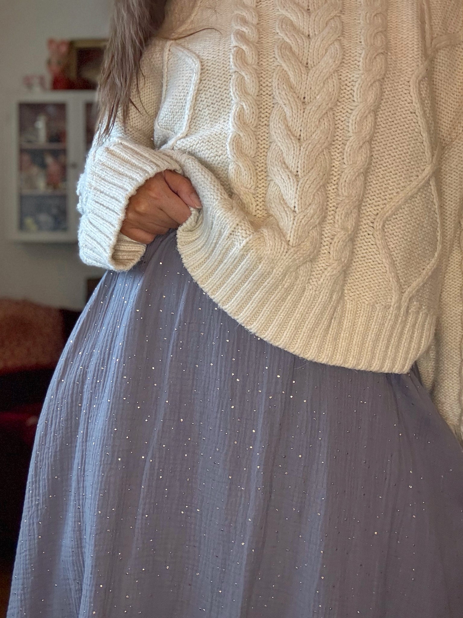 Kjol med resår i midjan & fickor, grå med glitter