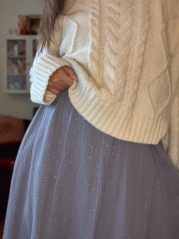 Kjol med resår i midjan & fickor, grå med glitter