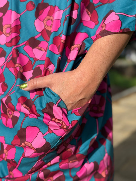 Sjok / kaftan, petrol med vallmo