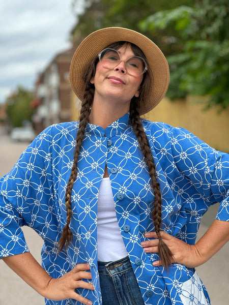 Städrock i blått & vitt vintagetyg, stl XL