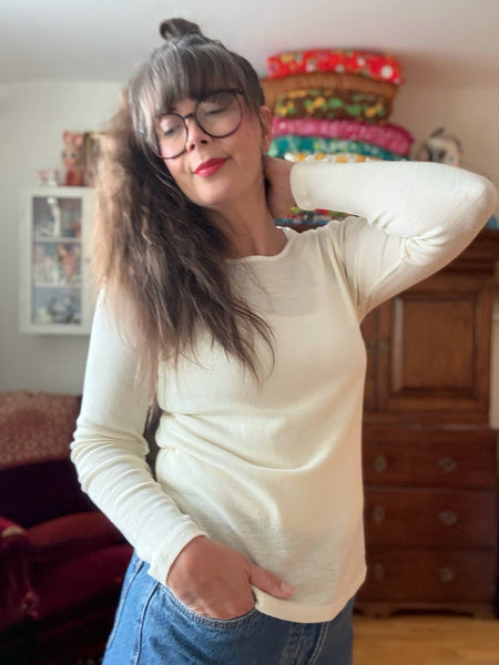 Långärmad tröja i merinoull, naturvit