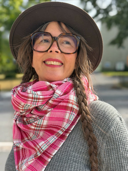 Rutig sjal i mjuk bomull, rosa
