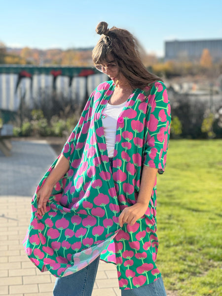 Sjok / kaftan grön med rosa blommor