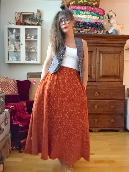 Långkjol i mjuk bomull med resår, tegel