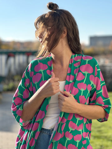 Sjok / kaftan grön med rosa blommor