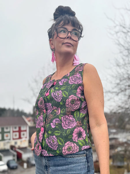 Ärmlös blus i linne i rosa & grönt