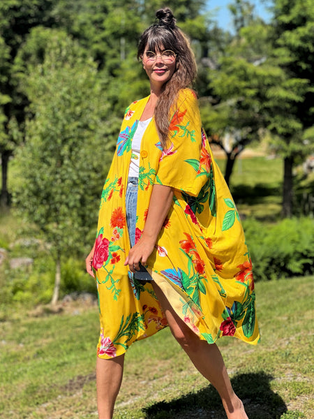 Sjok / kaftan gult med stora blommor & blad